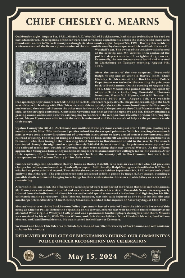 Chief Chelsey G. Mearns' Memorial Plaque